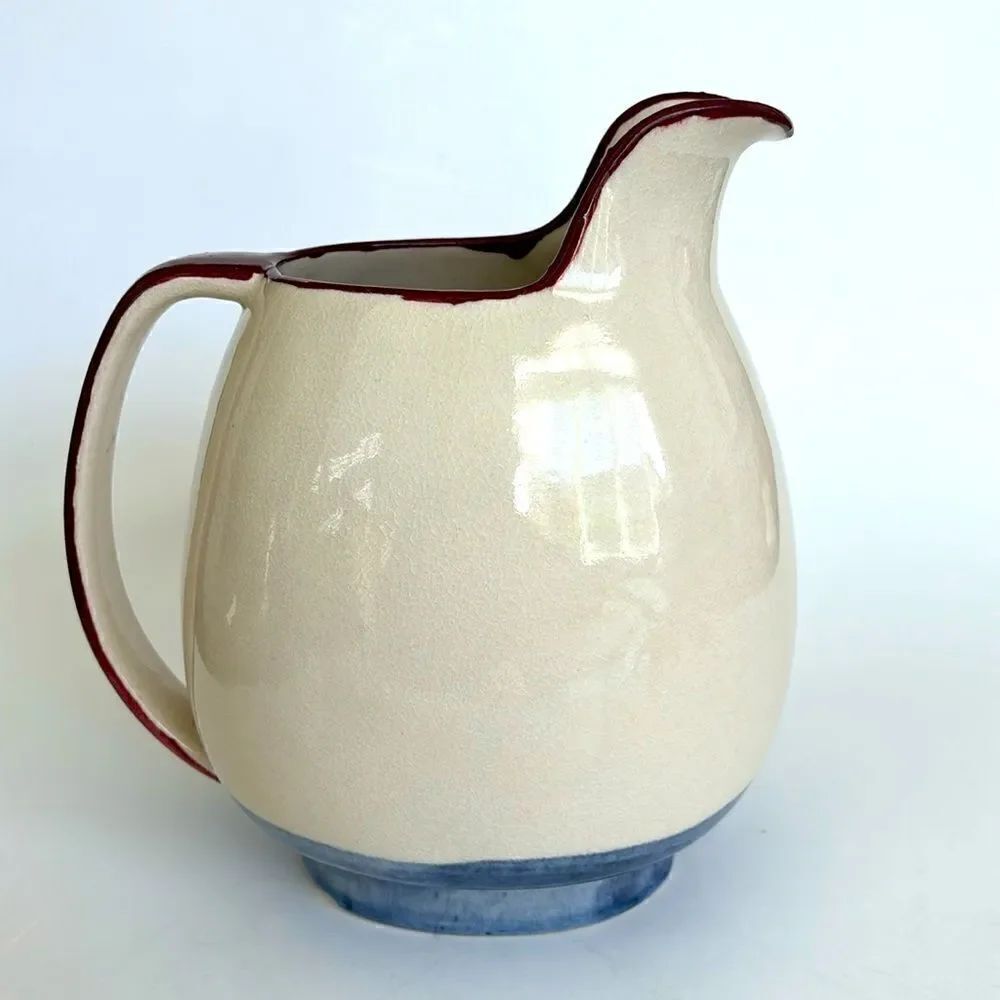 Winfield Pasadena Pottery Pitcher Vintage Cream Blue Burgandy 7.5”